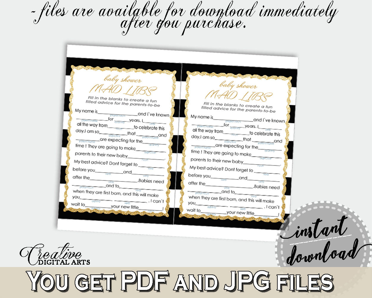 MAD LIBS baby shower game with black white stripes theme printable, gold glitter digital Jpg Pdf, instant download - bs001