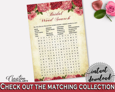 Word Search Bridal Shower Word Search Vintage Bridal Shower Word Search Bridal Shower Vintage Word Search Red Pink prints, pdf jpg XBJK2 - Digital Product