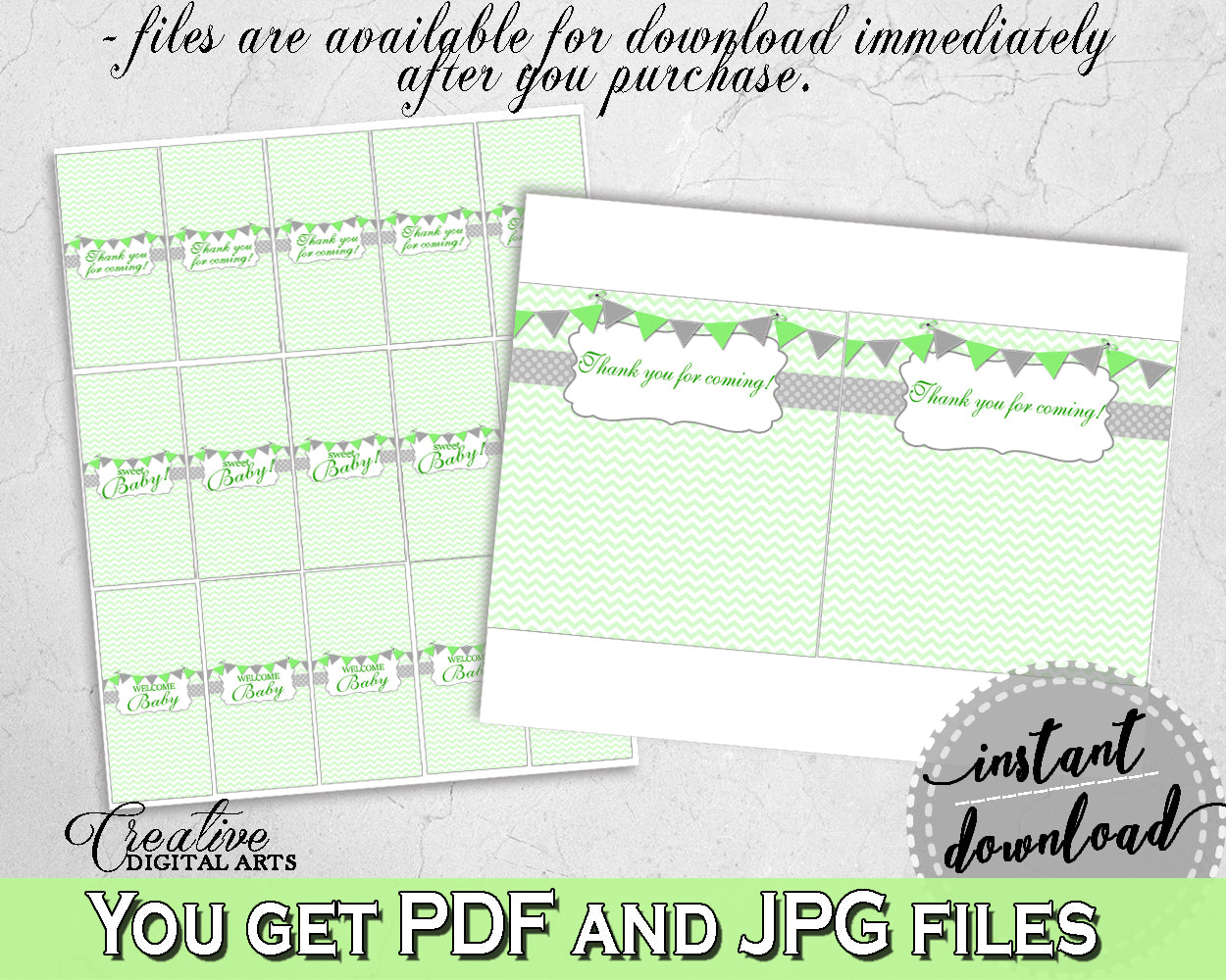 Baby shower CANDY BAR decoration wrappers and labels printable with chevron green theme for boys or girls, Jpg Pdf, instant download - cgr01