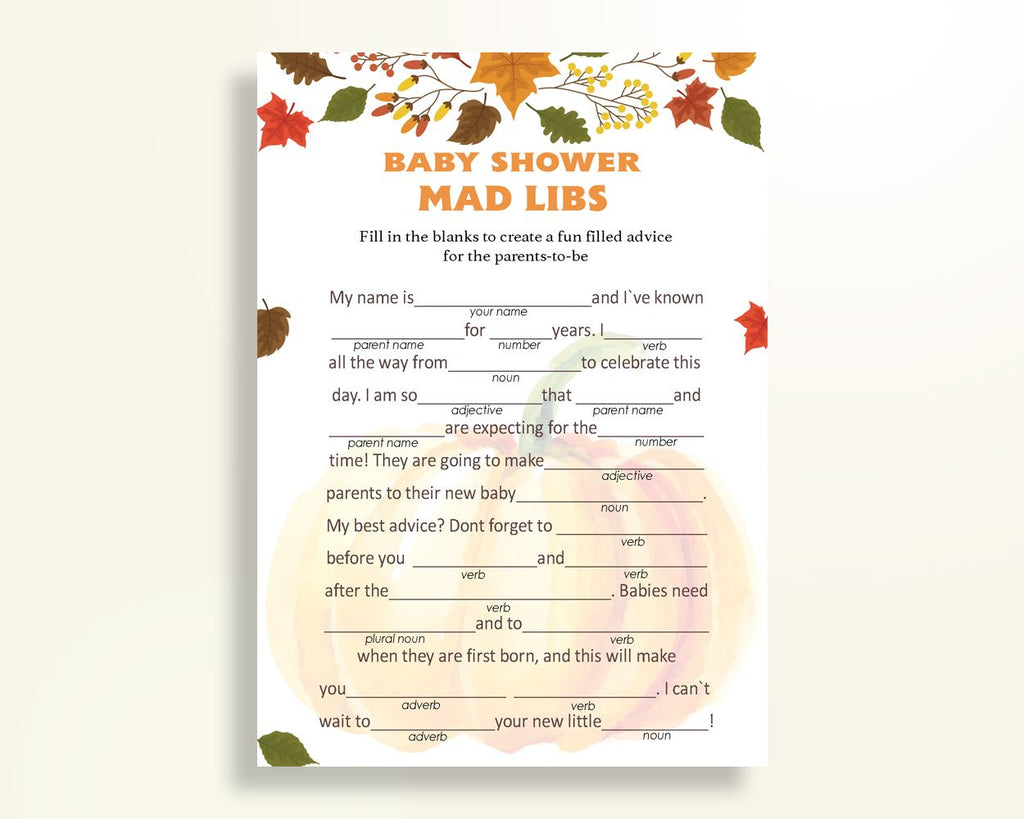 Mad Libs Baby Shower Mad Libs Autumn Baby Shower Mad Libs Baby Shower Pumpkin Mad Libs Orange Brown prints digital download OALDE - Digital Product
