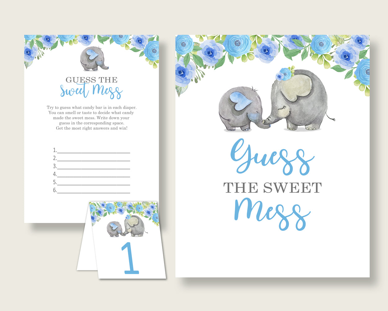 Elephant Blue Guessing Game Baby Shower Boy, Blue Gray Guess The Sweet Mess Game Printable, Dirty Diaper Game, Instant Download, ebl01