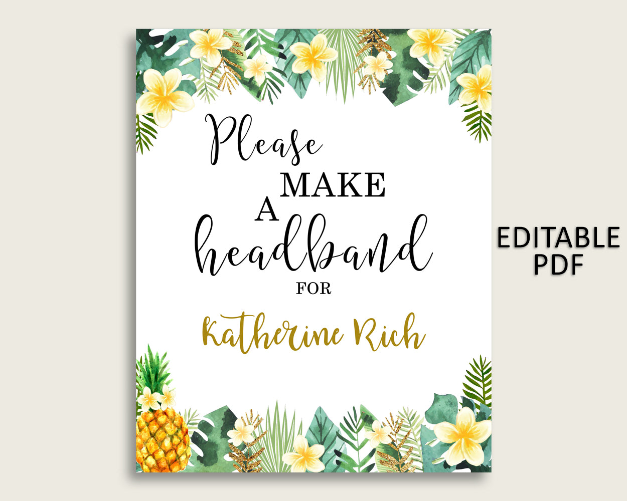 Tropical Baby Shower Headband Sign, Green Yellow Headband Station Sign Editable, Gender Neutral Shower Headband For Baby, Instant 4N0VK