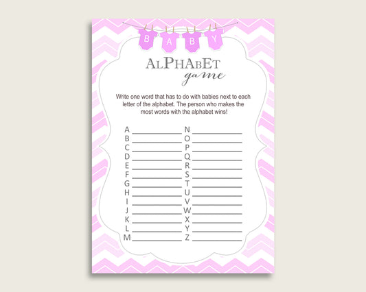 Pink White Alphabet Baby Shower Girl Game, Chevron A-Z Guessing Baby Game Printable, ABC's Baby Item Name Game, Instant Download, cp001