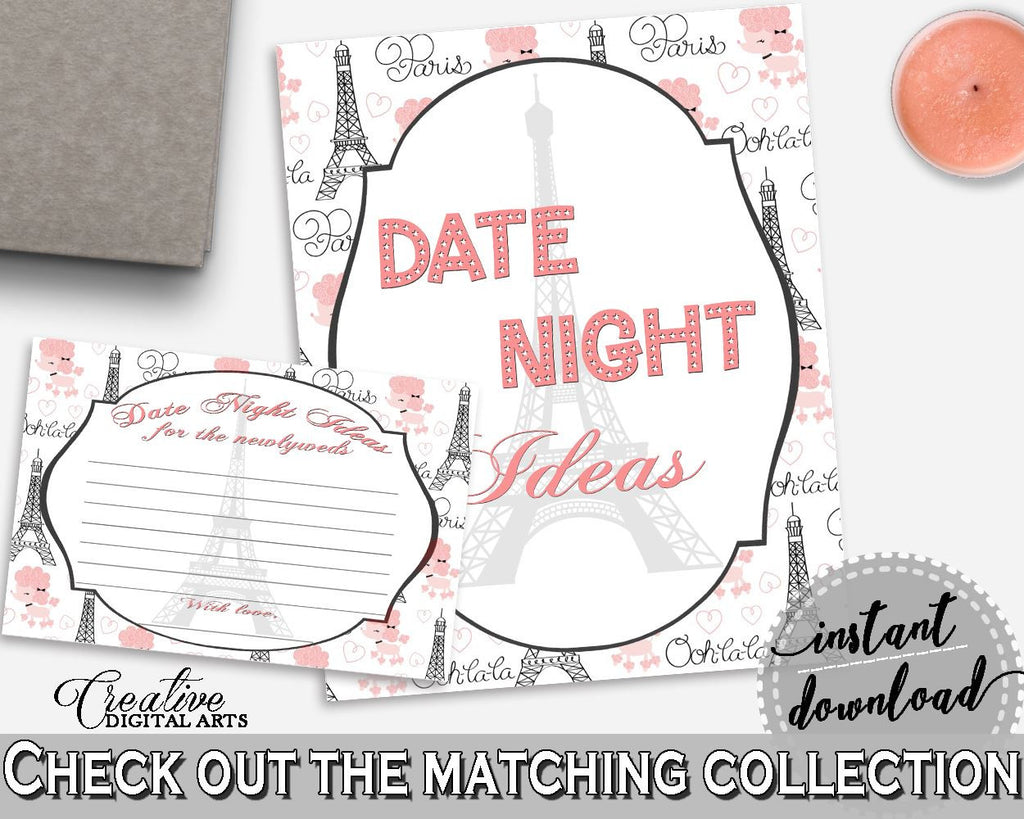 Date Night Ideas in Paris Bridal Shower Pink And Gray Theme, date idea notecards, french bridal shower, party décor, party ideas - NJAL9 - Digital Product