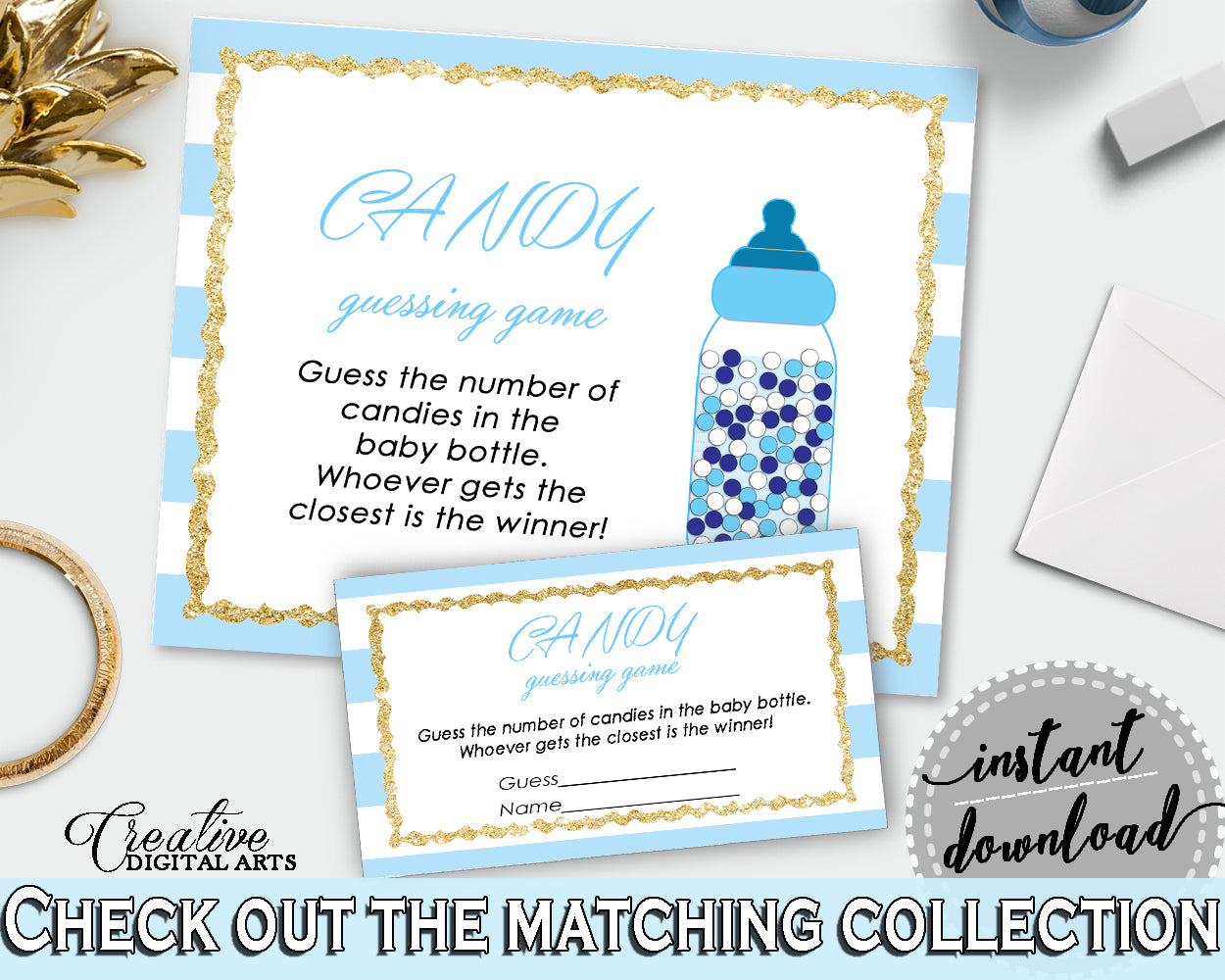 CANDY GUESSING GAME printable sign and tickets for baby shower with blue and white stripes theme, Jpg Pdf, instant download - bs002