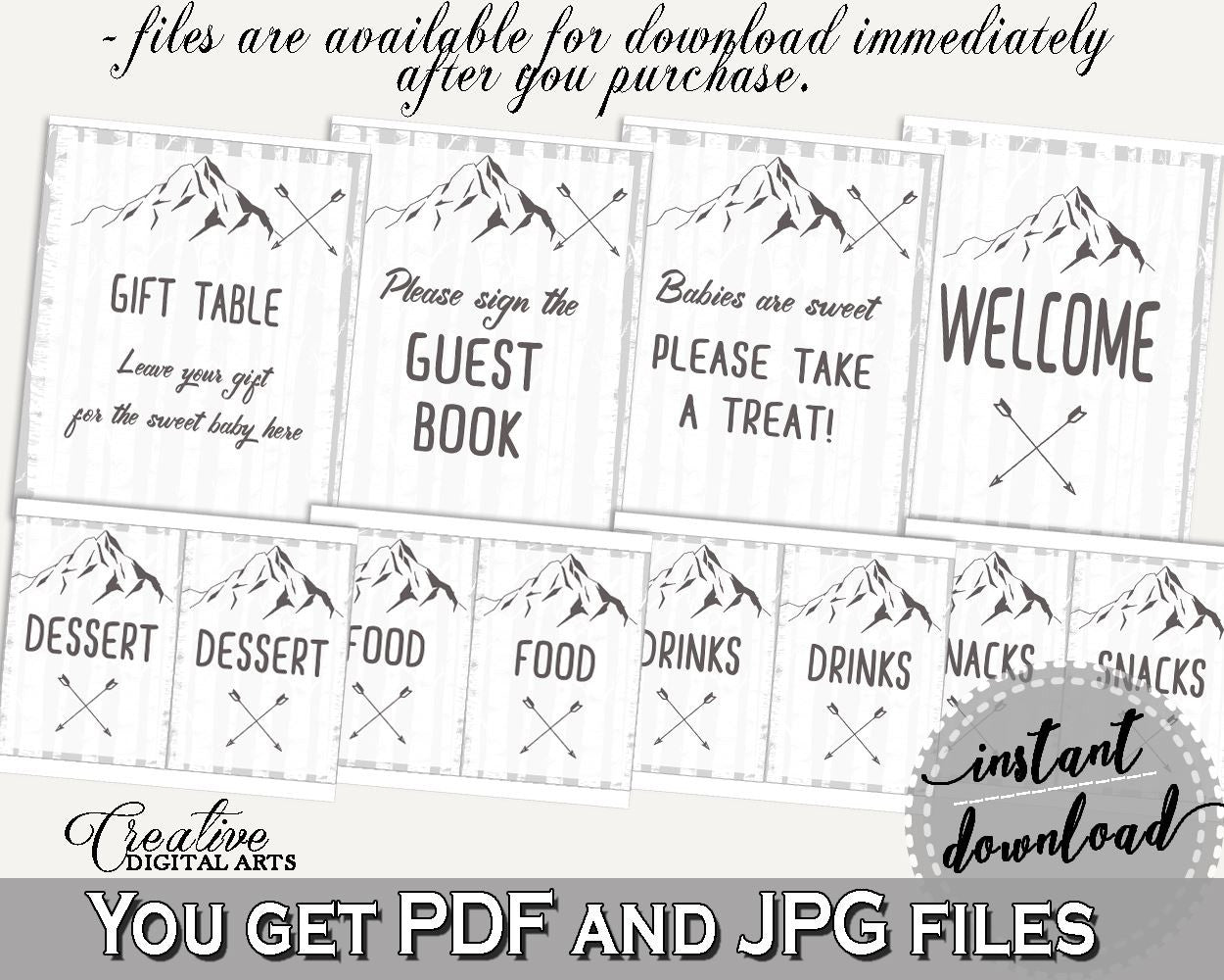 Table Signs Baby Shower Table Signs Adventure Mountain Baby Shower Table Signs Gray White Baby Shower Adventure Mountain Table Signs - S67CJ - Digital Product