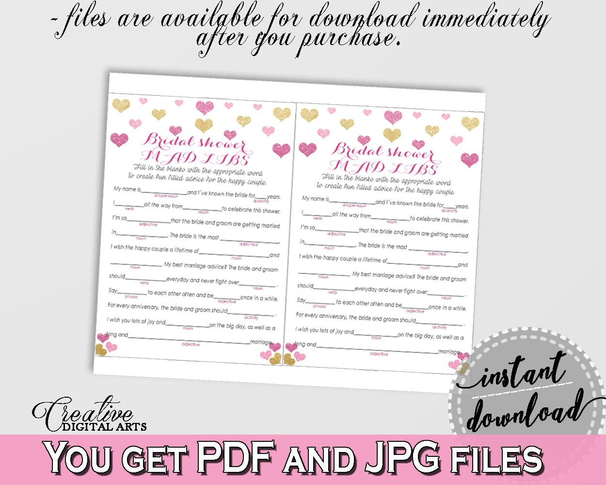 Glitter Hearts Bridal Shower Mad Libs Game in Gold And Pink, adverb,  bridal shower hearts, shower celebration, bridal shower idea - WEE0X - Digital Product