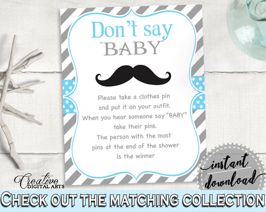 Blue Gray Dont Say Baby, Baby Shower Dont Say Baby, Mustache Baby Shower Dont Say Baby, Baby Shower Mustache Dont Say Baby prints, pdf 9P2QW - Digital Product