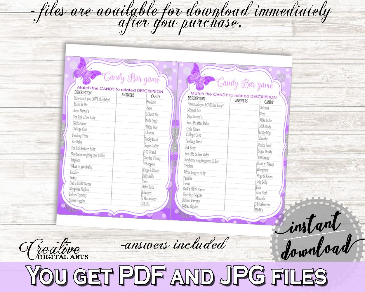 Candy Bar Game Baby Shower Candy Bar Game Butterfly Baby Shower Candy Bar Game Baby Shower Butterfly Candy Bar Game Purple Pink party 7AANK - Digital Product