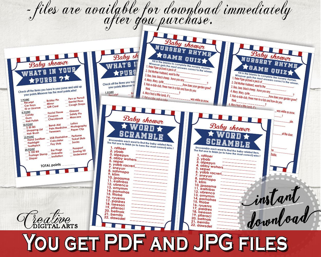 Games Baby Shower Games Baseball Baby Shower Games Baby Shower Baseball Games Blue Red prints, pdf jpg, digital print, party décor YKN4H - Digital Product