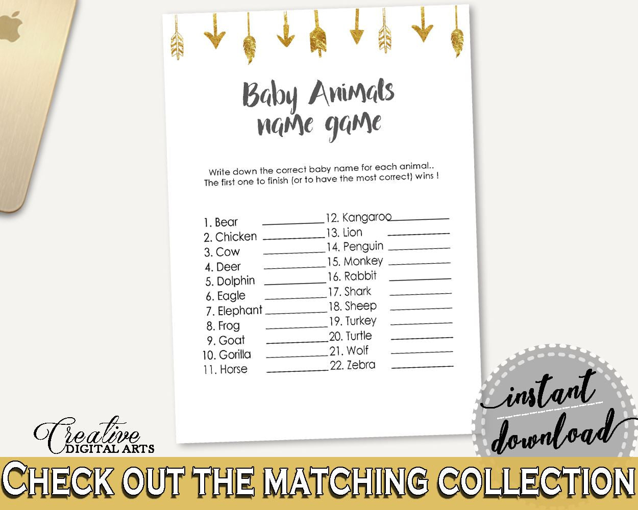 Baby Animal Names Baby Shower Baby Animal Names Gold Arrows Baby Shower Baby Animal Names Baby Shower Gold Arrows Baby Animal Names I60OO - Digital Product