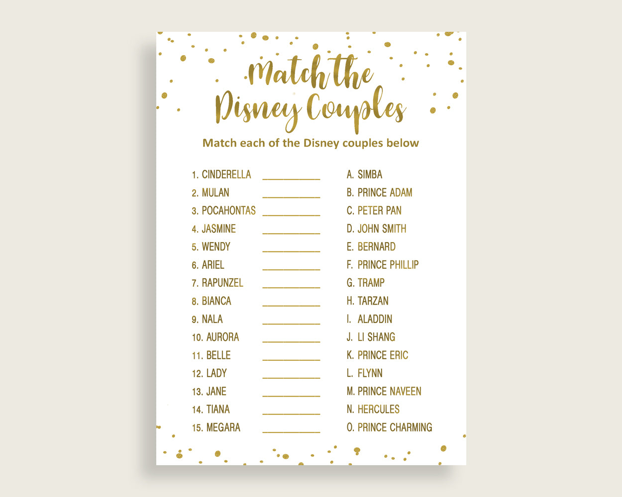 Match The Disney Couples Bridal Shower Match The Disney Couples Gold Bridal Shower Match The Disney Couples Bridal Shower Gold Match G2ZNX