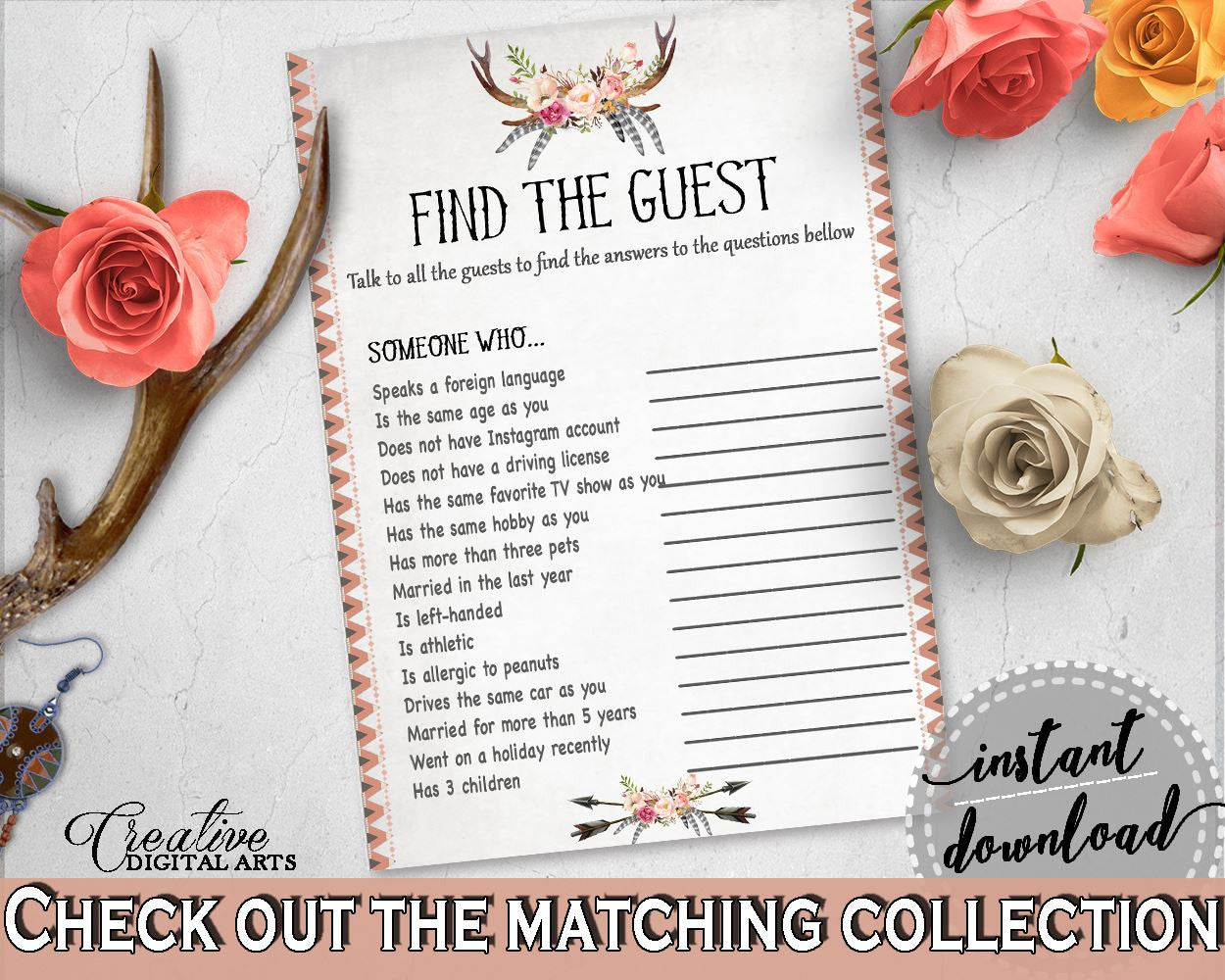 Antlers Flowers Bohemian Bridal Shower Find The Guest Game in Gray and Pink, party icebreaker, boho rustic shower, party plan - MVR4R - Digital Product