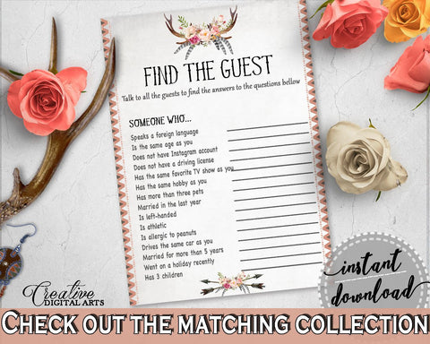 Antlers Flowers Bohemian Bridal Shower Find The Guest Game in Gray and Pink, party icebreaker, boho rustic shower, party plan - MVR4R - Digital Product