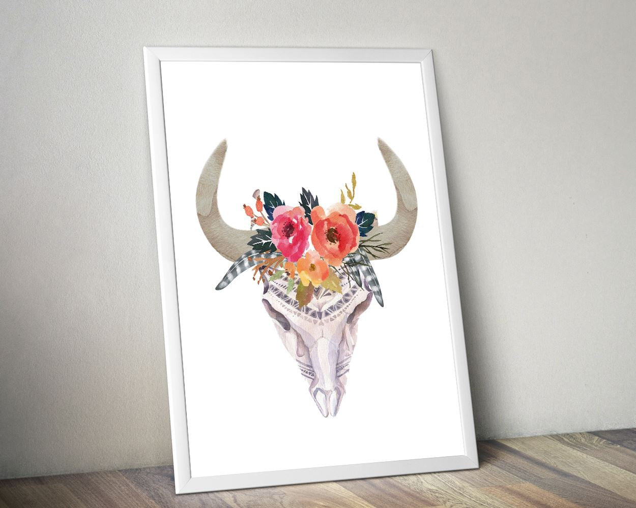 Skull Prints Wall Art Bull Digital Download Skull  Instant Download Bull Frame And Canvas Available watercolor skull flowers skull cow skull - Digital Download