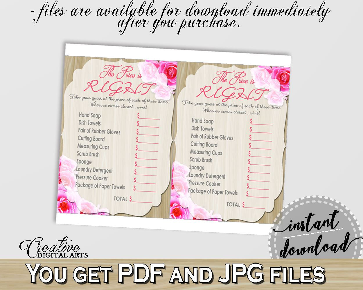 The Price Is Right Game in Roses On Wood Bridal Shower Pink And Beige Theme, guess the price, modern wood shower, printables, prints - B9MAI - Digital Product