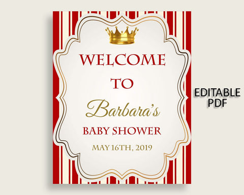 Red Gold Prince Baby Shower Welcome Sign Printable, Party Large Sign, Editable Welcome Sign Boy, Yard Sign, Instant Download, Crown 92EDX