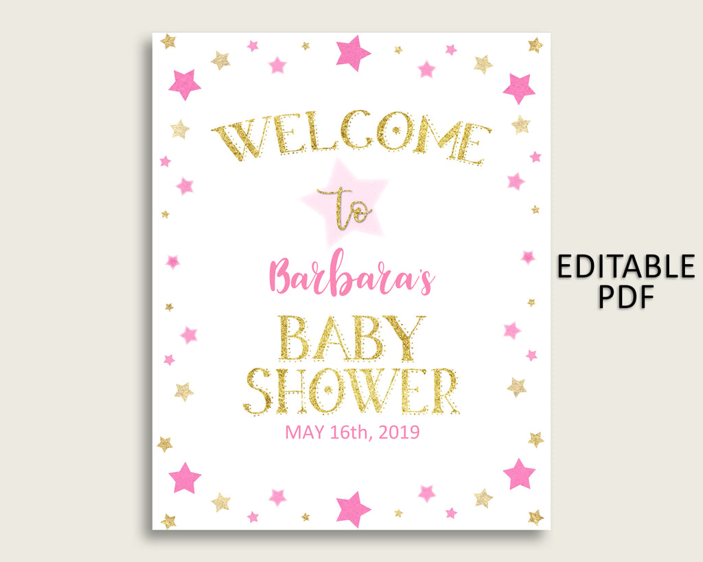Pink Gold Twinkle Star Baby Shower Welcome Sign Printable, Party Large Sign, Editable Welcome Sign Girl, Yard Sign, Instant Download, bsg01