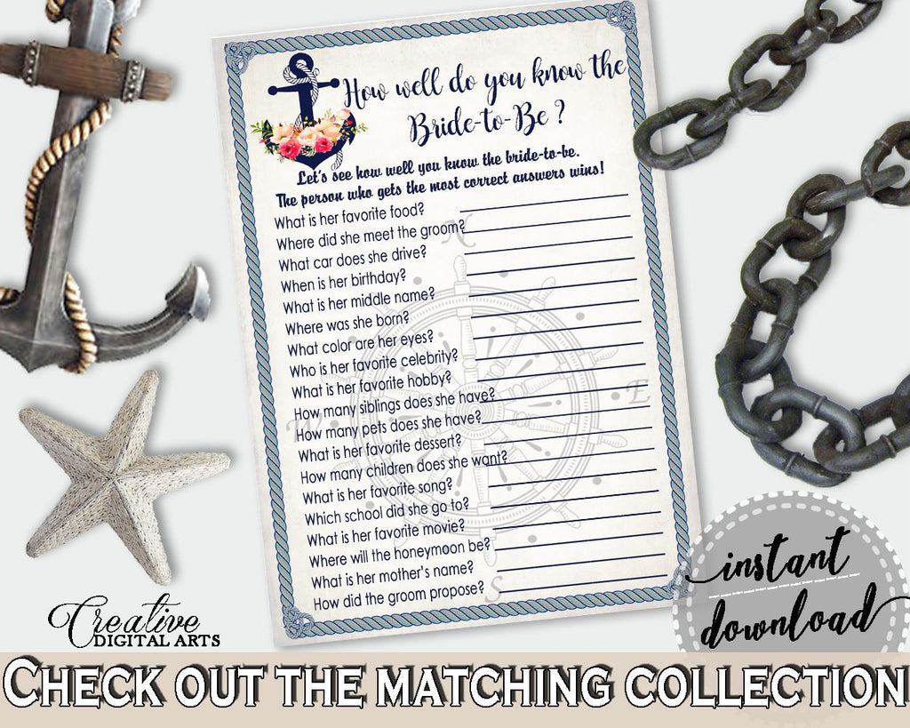 Navy Blue Nautical Anchor Flowers Bridal Shower Theme: How Well Do You Know The Bride To Be - who knows game, shower celebration - 87BSZ - Digital Product