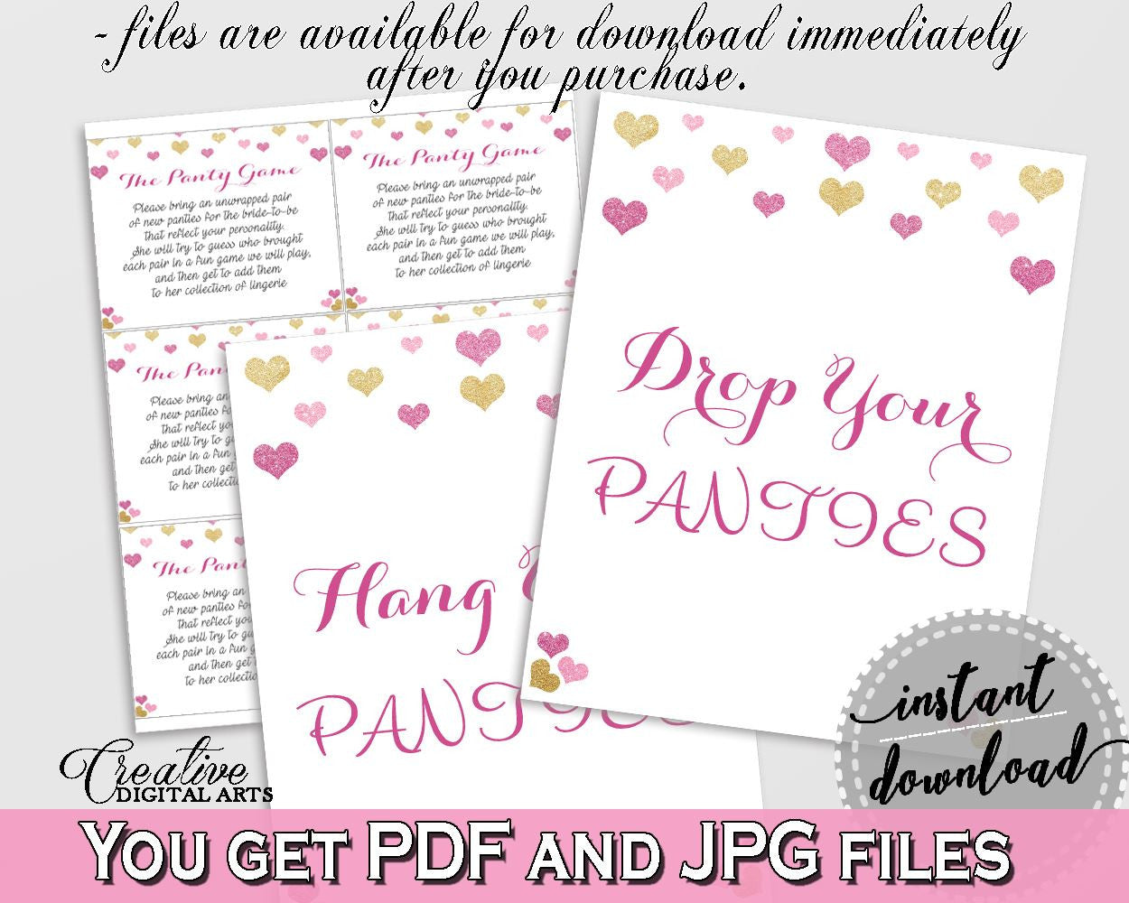 Drop Your Panties in Glitter Hearts Bridal Shower Gold And Pink Theme, hang panty game,  bridal shower love, party theme, prints - WEE0X - Digital Product