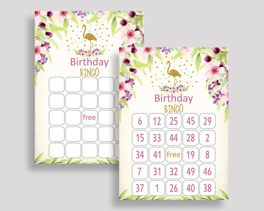 Flamingo Bingo Game Cards, Glitter Birthday Game, Printable Gold Green Bingo Prefilled, Numbered Bingo 60 Cards, Bingo Girl, P3SIV