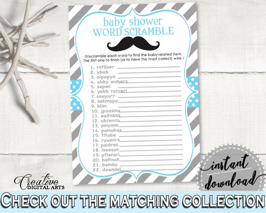 Word Scramble, Baby Shower Word Scramble, Mustache Baby Shower Word Scramble, Baby Shower Mustache Word Scramble Blue Gray prints, pdf 9P2QW - Digital Product