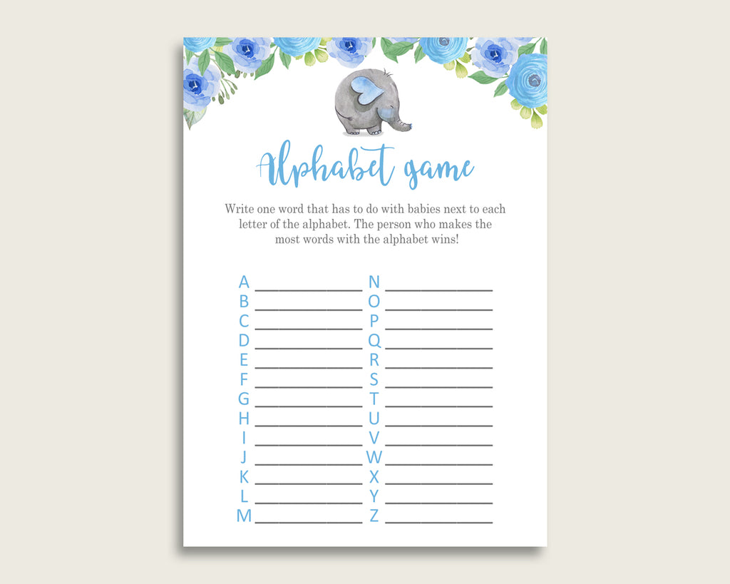 Blue Gray Alphabet Baby Shower Boy Game, Elephant Blue A-Z Guessing Baby Game Printable, ABC's Baby Item Name Game, Instant Download, ebl01