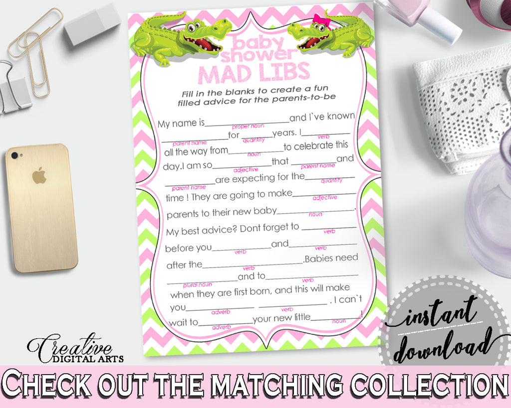 MAD LIBS baby shower game with green alligator and pink color theme, instant download - ap001