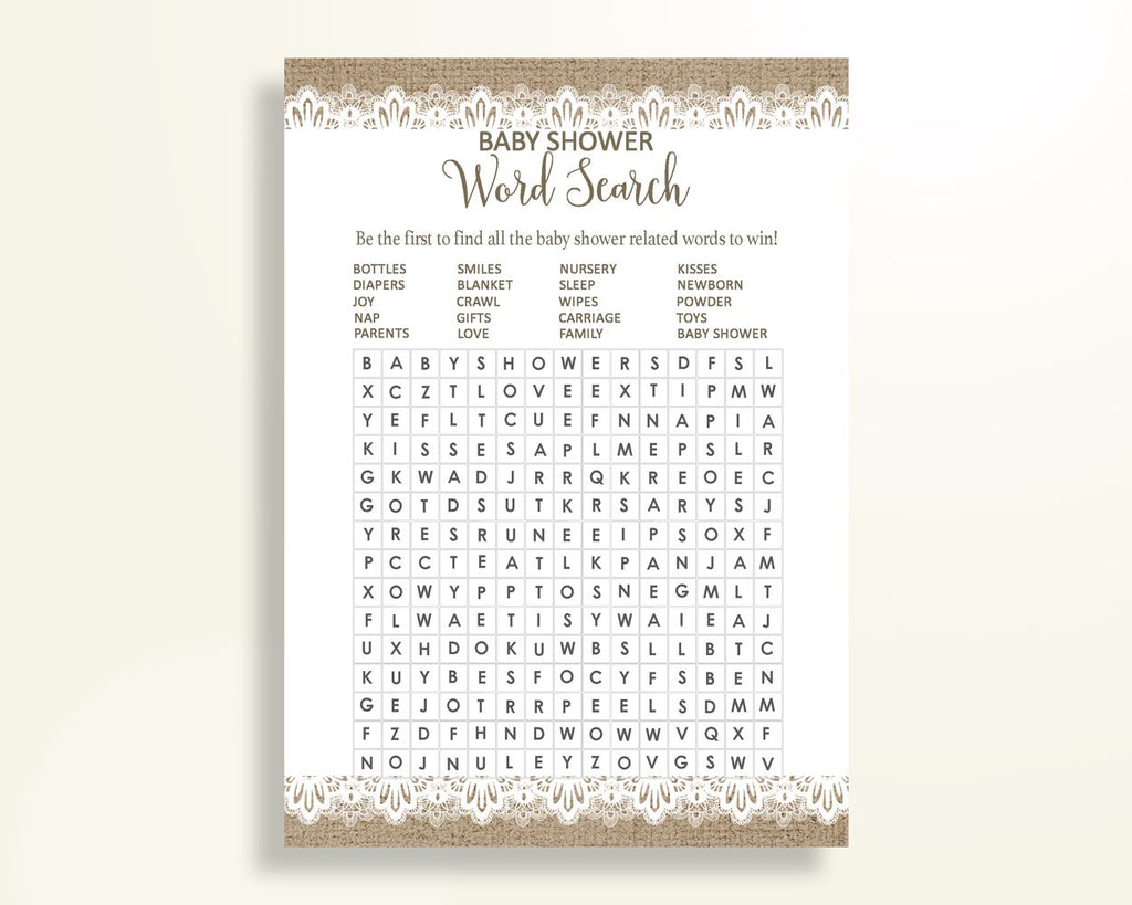 Word Search Baby Shower Word Search Burlap Lace Baby Shower Word Search Baby Shower Burlap Lace Word Search Brown White prints W1A9S - Digital Product