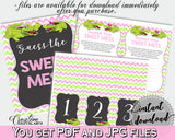 Baby shower GUESS THE SWEET MESS game cards tents and sign with green alligator and pink color theme, instant download - ap001