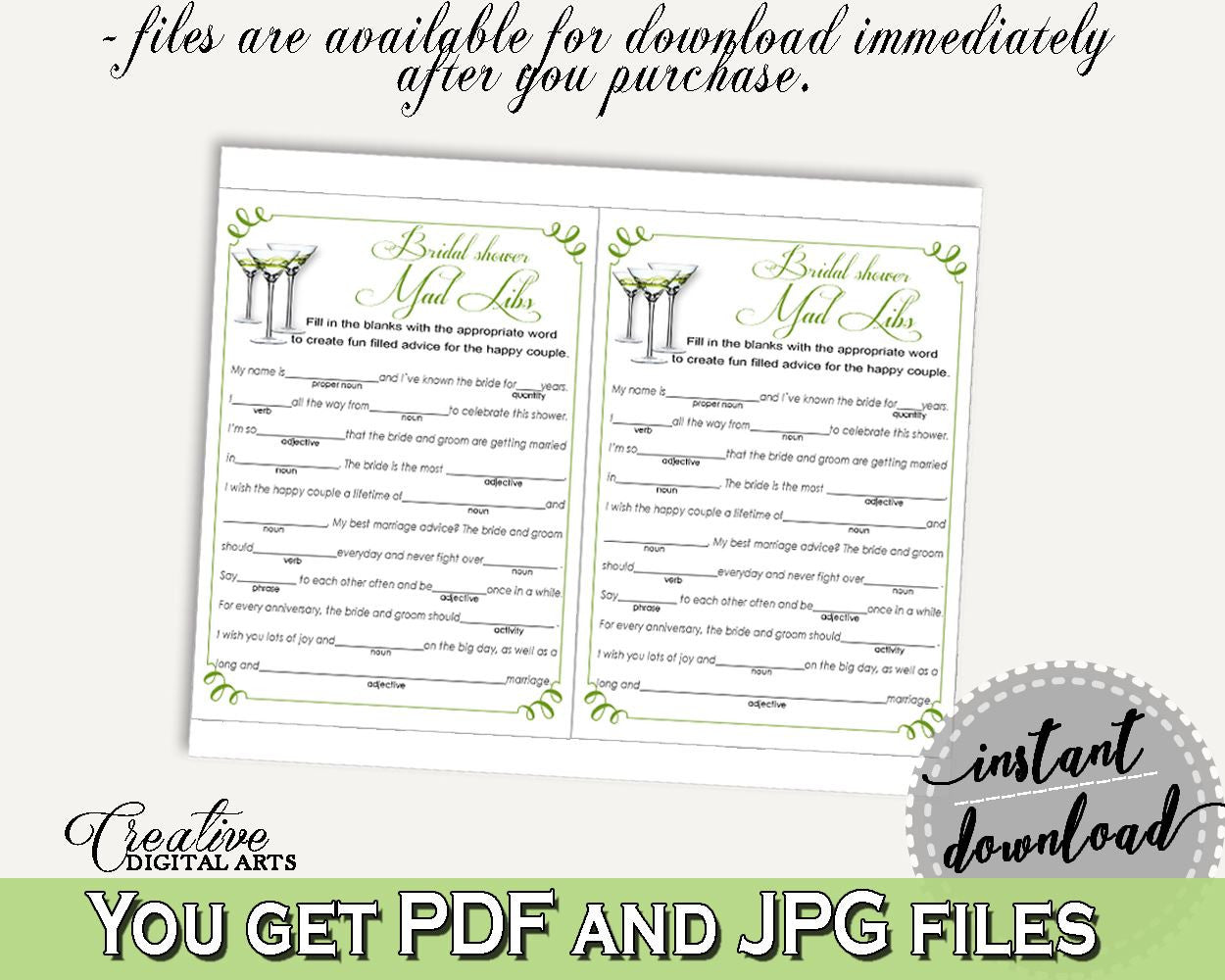 Mad Libs Bridal Shower Mad Libs Modern Martini Bridal Shower Mad Libs Bridal Shower Modern Martini Mad Libs Green White party decor ARTAN - Digital Product