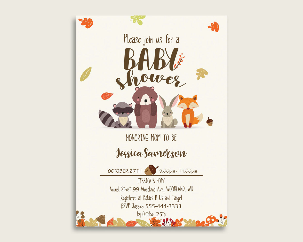 Woodland Baby Shower Invitations Printable, Digital Or Printed Invitation Baby Shower Gender Neutral, Editable Invitation Brown Beige w0001