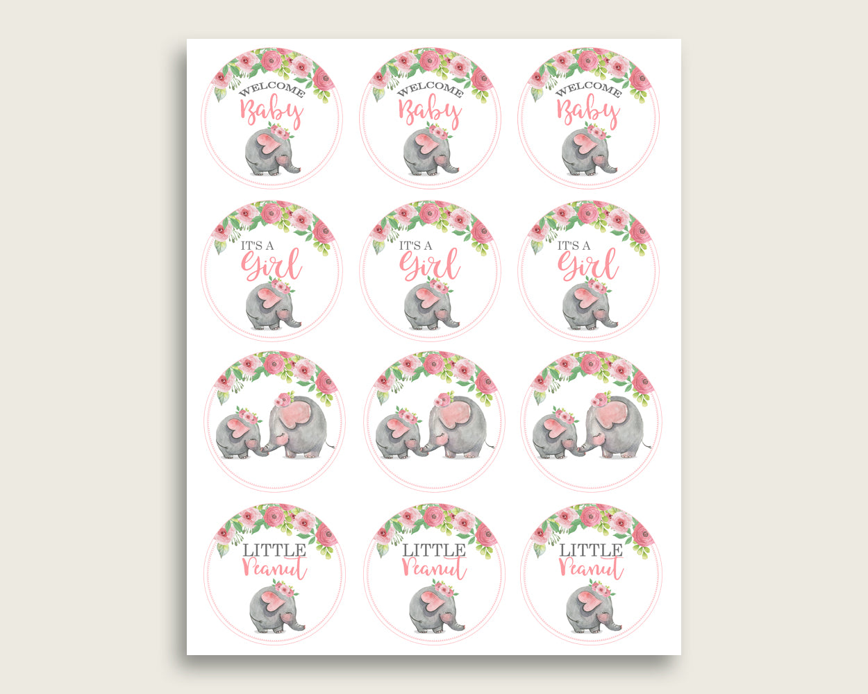 Pink Elephant Cupcake Toppers, Pink Grey Cupcake Wrappers, Toppers Wrappers Baby Shower Girl, Instant Download, Mammoth Safari Theme ep001