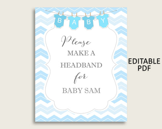 Chevron Baby Shower Headband Sign, Blue White Headband Station Sign Editable, Boy Shower Headband For Baby, Instant Download, Popular cbl01