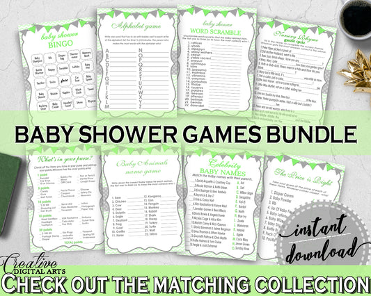 Green Baby Shower games package bundle printable with chevron green theme, 8 games pack, jpg and pdf - Instant Download - cgr01