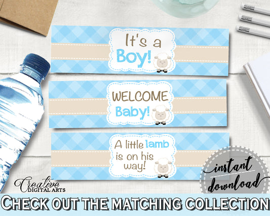 Little Lamb Baby Shower WATER BOTTLE LABELS boy shower blue printable sheep theme, digital files, Pdf Jpg, instant download - fa001