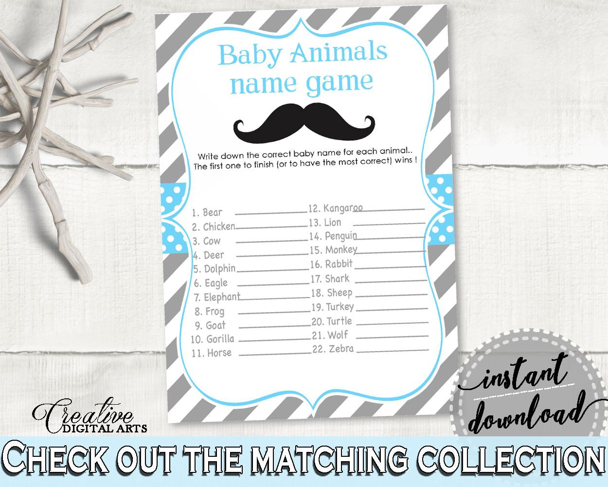 Blue Gray Baby Animal Names, Baby Shower Baby Animal Names, Mustache Baby Shower Baby Animal Names, Baby Shower Mustache Baby Animal 9P2QW - Digital Product