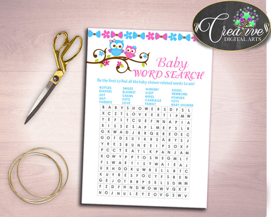 Word Search Baby Shower Word Search Owl Baby Shower Word Search Baby Shower Owl Word Search Pink Blue paper supplies prints party owt01