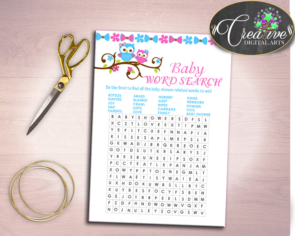 Word Search Baby Shower Word Search Owl Baby Shower Word Search Baby Shower Owl Word Search Pink Blue paper supplies prints party owt01
