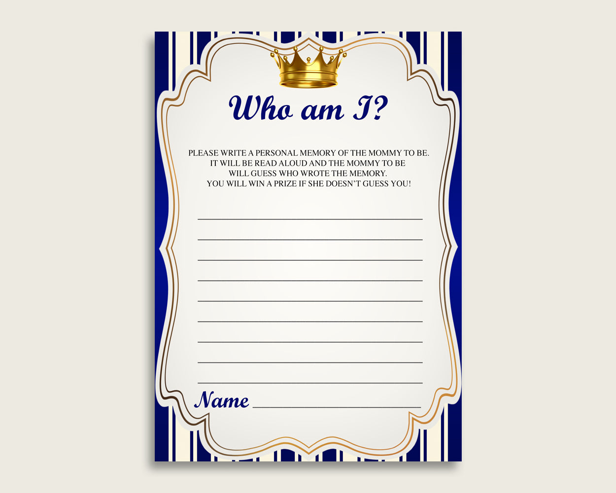 Royal Prince Who Am I Game Printable, Boy Baby Shower Memory With Mommy, Blue Gold Baby Shower Activity, Instant Download, Royal Blue rp001