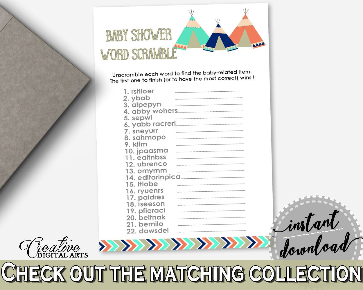 Word Scramble Baby Shower Word Scramble Tribal Teepee Baby Shower Word Scramble Baby Shower Tribal Teepee Word Scramble Green Navy - KS6AW - Digital Product