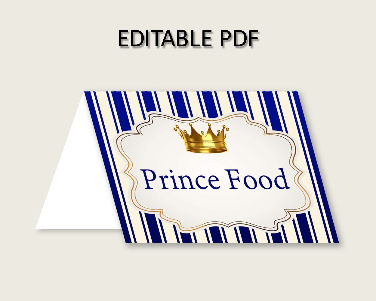 Royal Prince Folded Food Tent Cards Printable, Blue Gold Editable Pdf Buffet Labels, Boy Baby Shower Food Place Cards, Instant rp001