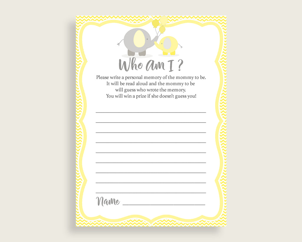 Who Am I Baby Shower Who Am I Yellow Baby Shower Who Am I Baby Shower Elephant Who Am I Yellow Gray instant download prints digital W6ZPZ