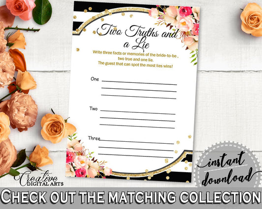 Two Truths And A Lie Game in Flower Bouquet Black Stripes Bridal Shower Black And Gold Theme, sooth game, customizable files - QMK20 - Digital Product