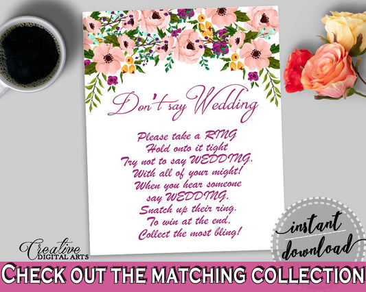 Don't Say Wedding Game in Watercolor Flowers Bridal Shower White And Pink Theme, bling ring, floral theme shower, party organizing - 9GOY4 - Digital Product