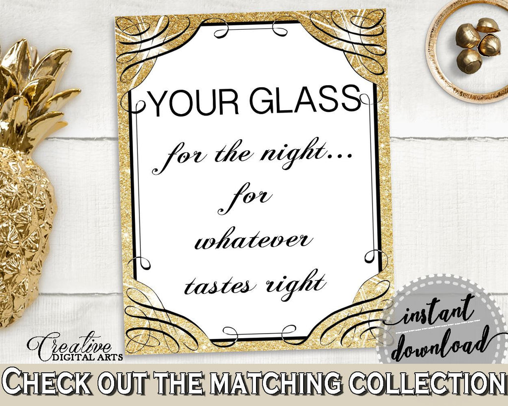 Glittering Gold Bridal Shower Your Glass For The Night Sign in Gold And Yellow, the night is through, modern shower, paper supplies - JTD7P - Digital Product