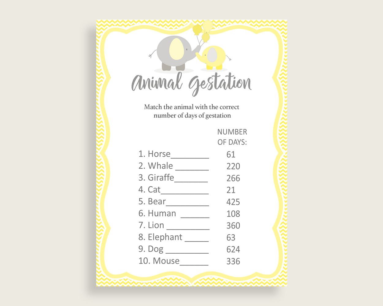 Animal Gestation Baby Shower Animal Gestation Yellow Baby Shower Animal Gestation Baby Shower Elephant Animal Gestation Yellow Gray W6ZPZ