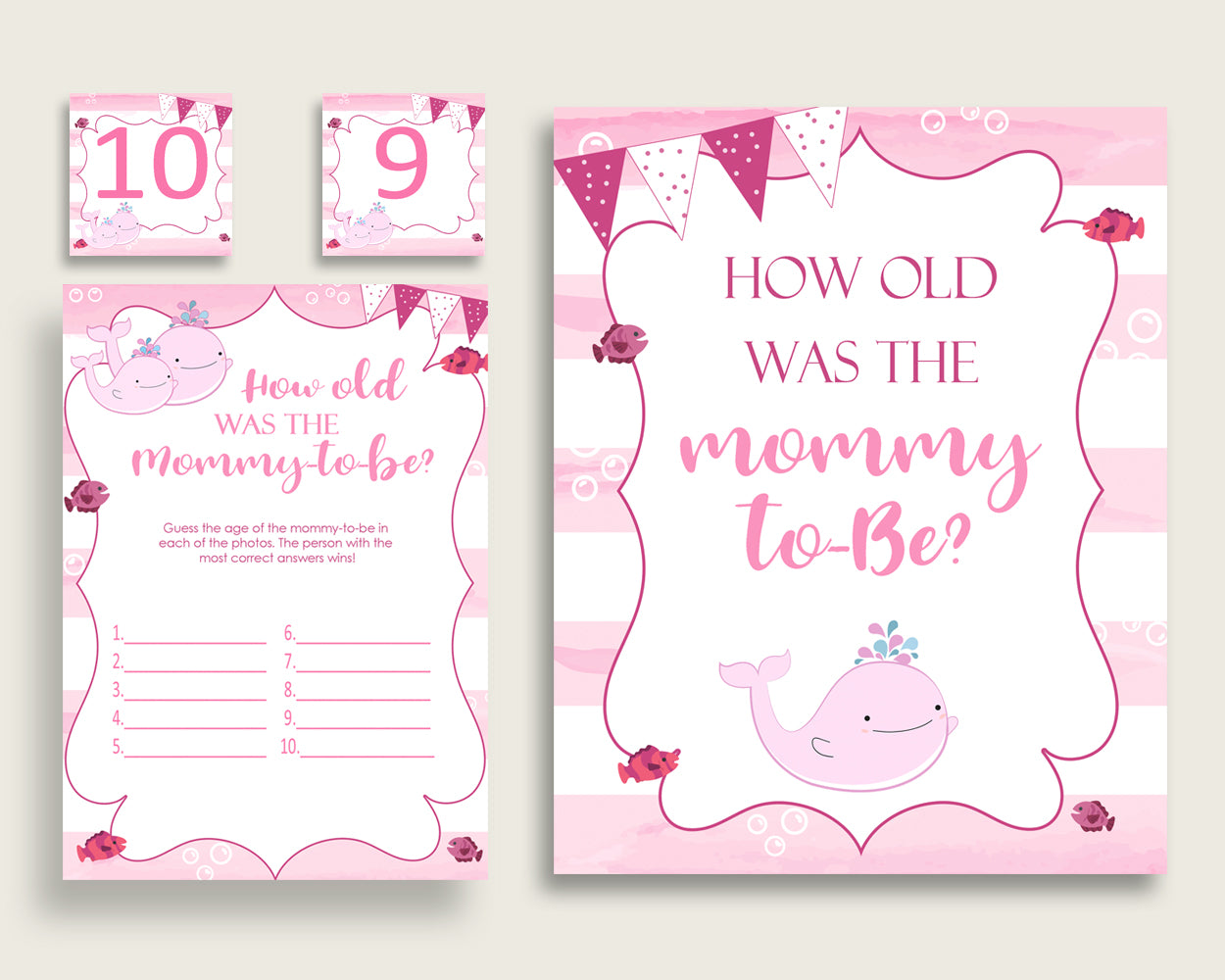 Pink White How Old Was The Mommy To Be, Girl Baby Shower Game Printable, Pink Whale Guess Mommy's Age Game, Instant Download, Popular wbl02