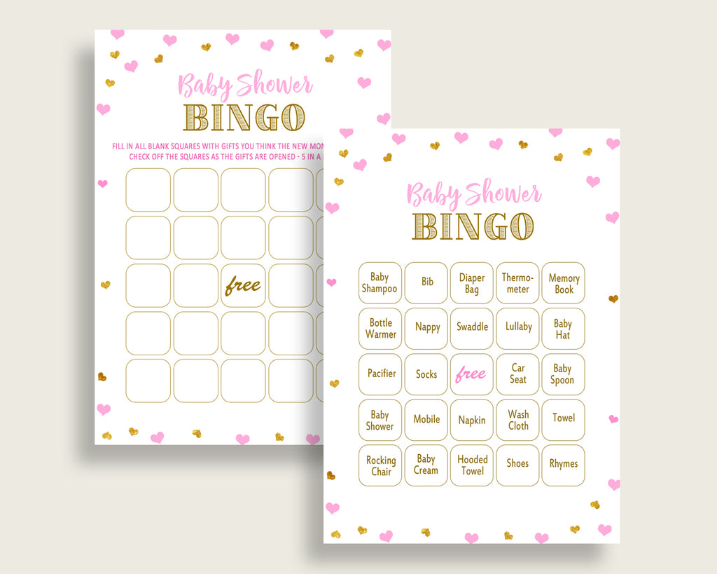 Bingo Baby Shower Bingo Hearts Baby Shower Bingo Baby Shower Hearts Bingo Pink Gold party planning party organization pdf jpg bsh01