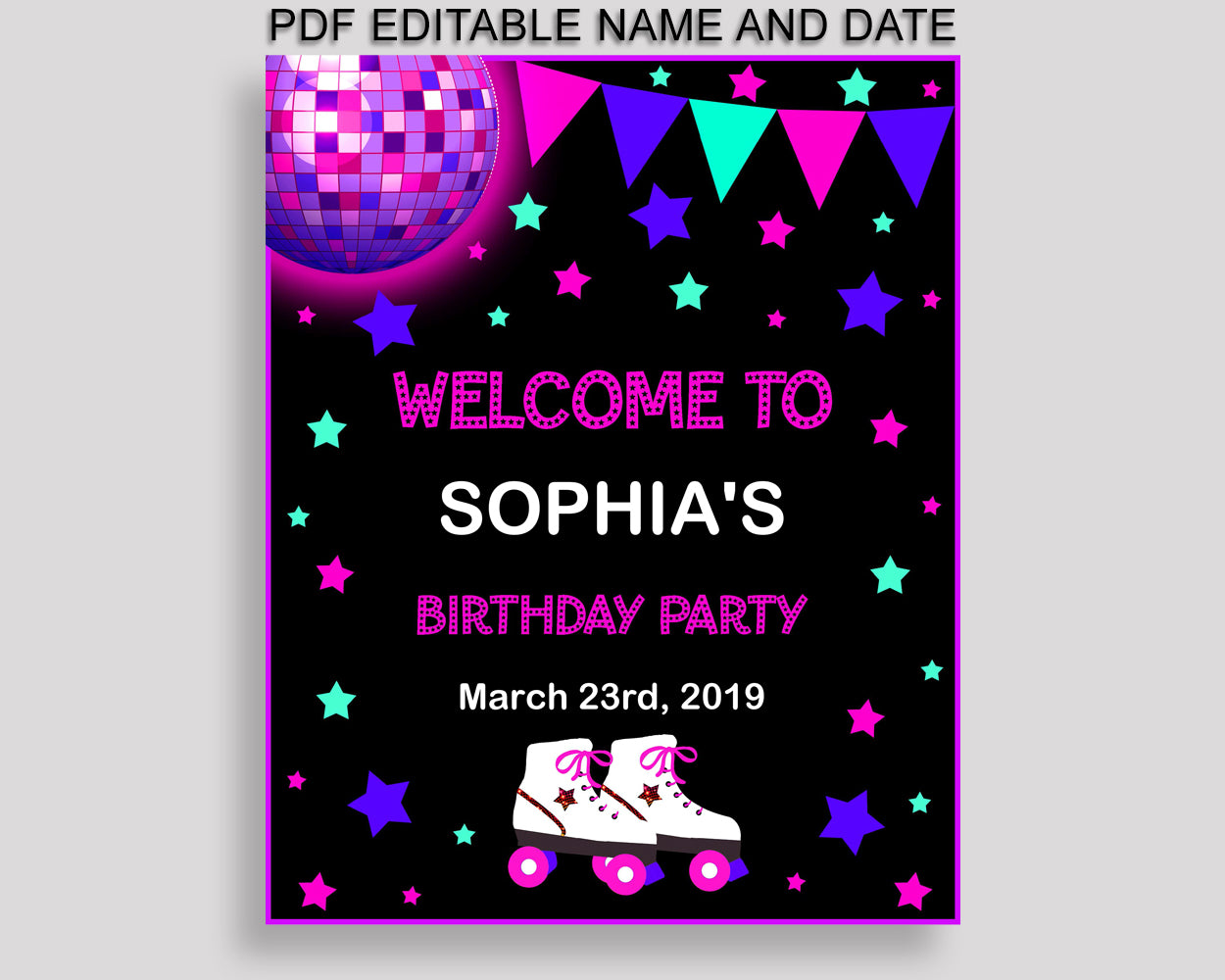 Girl Welcome Birthday Sign Roller Skates Decoration Sign Pink Black Printable Roller Skates Welcome Sign 8NAK7